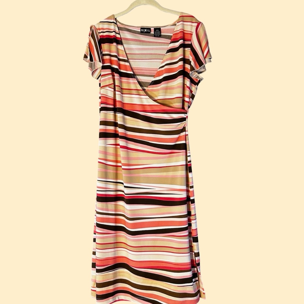 Mixit Faux Wrap Dress Womens Large Pink Brown Striped Flutter Sleeve Excellent